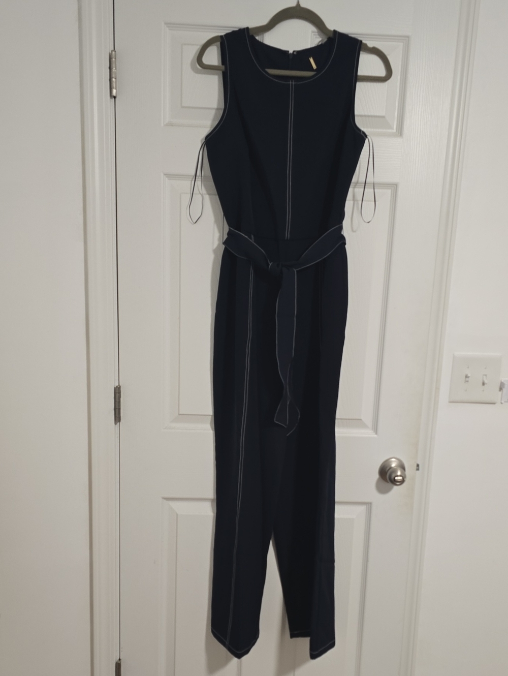 Tahari Navy Jumpsuit with White Contrast Stitching and Waist Tie